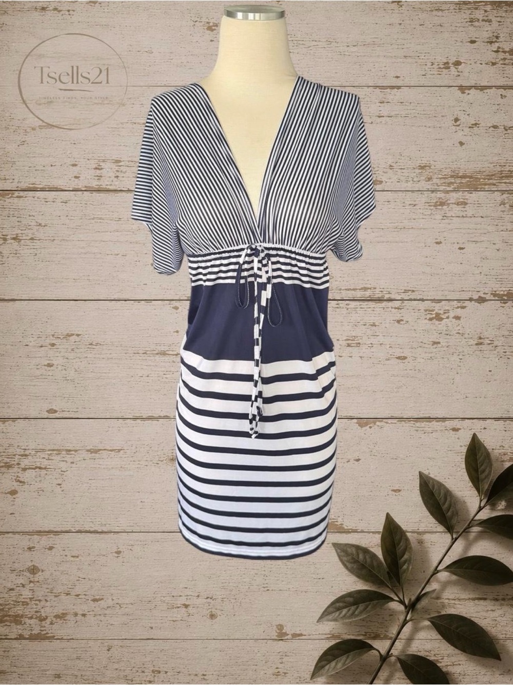 Cristina Vintage Y2K Navy & White Striped Kimono Sleeve Mini Dress - Size S